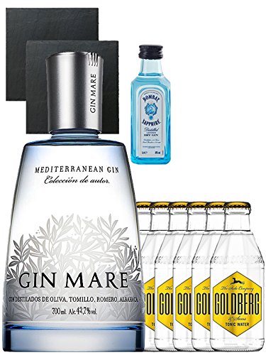 Gin-Set Gin Mare aus Spanien 0,7 Liter + Nordes Atlantic Gin 0,05 Liter Miniatur + 6 Goldberg Tonic Water 0,2 Liter + 2 Schieferuntersetzer quadratisch 9,5 cm von Gin Mare