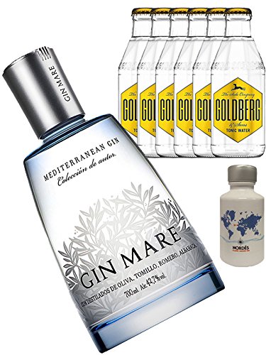 Gin-Set Gin Mare aus Spanien 0,7 Liter + Nordes Atlantic Gin 0,05 Liter Miniatur + 6 Goldberg Tonic Water 0,2 Liter von Gin Mare