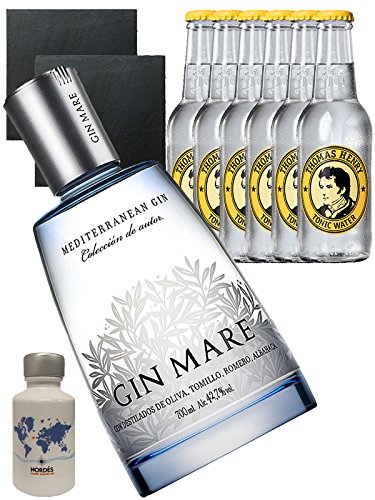 Gin-Set Gin Mare aus Spanien 0,7 Liter + Nordes Atlantic Gin 0,05 Liter Miniatur + 6 Thomas Henry Tonic Water 0,2 Liter + 2 Schieferuntersetzer quadratisch 9,5 cm von Gin Mare