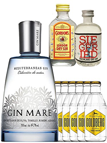 Gin-Set Gin Mare aus Spanien 0,7 Liter + Siegfried Dry Gin Deutschland 4cl + Gordons Dry Gin 5cl + 8 x Goldberg Tonic Water 0,2 Liter von Gin Mare