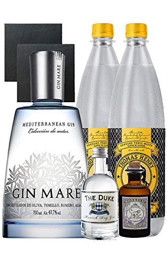 Gin-Set Gin Mare aus Spanien 0,7 Liter + The Duke Gin 5cl + Monkey 47 Schwarzwald Dry Gin 5 cl MINIATUR + 2 x Thomas Henry Tonic Water 1,0 Liter + 2 Schieferuntersetzer quadratisch 9,5 cm von Gin Mare