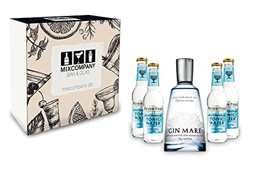 Gin Tonic Giftbox Geschenkset - Gin Mare 0,7l 700ml (42,7% Vol) + 4x Fever Tree Mediterranean Tonic Water 200ml inkl. Pfand MEHRWEG + Geschenkverpackung von Gin Mare-Gin Mare