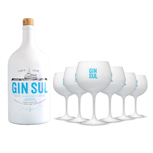Gin Sul - 1 x 3l Doppelmagnum Hamburger handcrafted Premium Dry Gin 43% Vol. und 6er Set weisse Gin Tonic Gläser, spülmaschinenfest, 620 ml - Das perfekte Gin Geschenk Gin Sul - 1 x 3l Doppelmagnum Hamburger handcrafted Premium Dry Gin 43% Vol. und 6er Set weisse Gin Tonic Gläser, spülmaschinenfest, 620 ml - Das perfekte Gin Geschenk von Gin Sul