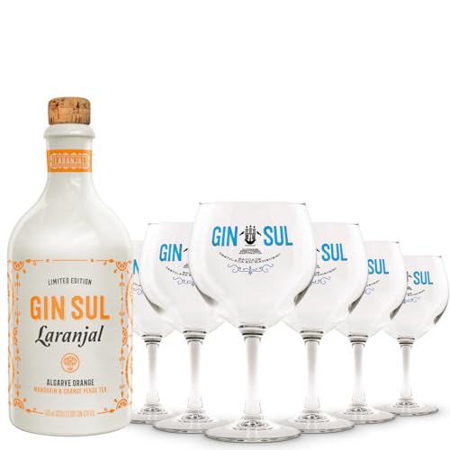 Gin Sul Laranjal - 1 x 0,5l Hamburger handcrafted Small Batch Premium Dry Gin 43% Vol. und 6er Set Gin Gläser, spülmaschinenfest, 620 ml - Das perfekte Gin Geschenk von Gin Sul