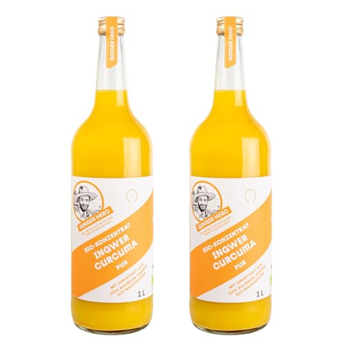 Ginger Hero BIO-Ingwer-Curcuma-Konzentrat-PUR mit 100% Direktsaft aus 100% BIO-Bourbon-Ingwer aus Madagaskar und BIO-Curcuma, ohne Zucker und künstliche Zusatzstoffe, 2x1000 ml Ginger Hero BIO-Ingwer-Curcuma-Konzentrat-PUR mit 100% Direktsaft aus 100% BIO-Bourbon-Ingwer aus Madagaskar und BIO-Curcuma, ohne Zucker und künstliche Zusatzstoffe, 2x1000 ml von Ginger Hero