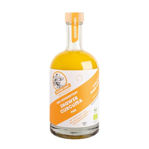 Ginger Hero BIO-Ingwer-Curcuma-Konzentrat-PUR mit 100% Direktsaft aus 100% BIO-Bourbon-Ingwer aus Madagaskar und BIO-Curcuma, ohne Zucker und künstliche Zusatzstoffe, 500 ml Premium-Flasche Ginger Hero BIO-Ingwer-Curcuma-Konzentrat-PUR mit 100% Direktsaft aus 100% BIO-Bourbon-Ingwer aus Madagaskar und BIO-Curcuma, ohne Zucker und künstliche Zusatzstoffe, 500 ml Premium-Flasche von Ginger Hero