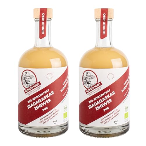 Ginger Hero BIO-Ingwer-Konzentrat-PUR mit 100% Direktsaft aus 100% BIO-Bourbon-Ingwer aus Madagaskar, ohne Zucker und künstliche Zusatzstoffe, 2x500ml Premium-Flasche Ginger Hero BIO-Ingwer-Konzentrat-PUR mit 100% Direktsaft aus 100% BIO-Bourbon-Ingwer aus Madagaskar, ohne Zucker und künstliche Zusatzstoffe, 2x500ml Premium-Flasche von Ginger Hero
