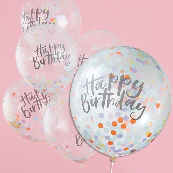 Pastell Party, Happy Birthday Ballons mit Konfetti, 5 Stk, Ø 30cm von Ginger Ray