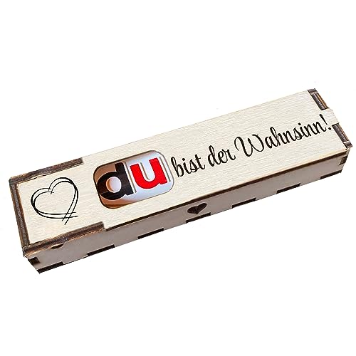 Duplo Geschenkbox mit Gravur inkl. Schokoriegel Holzbox mit Spruch Geschenkidee Schokolade Mitbringsel - Du bist der Wahnsinn von Girahlutions