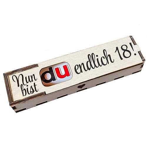 Duplo Geschenkbox mit Gravur inkl. Schokoriegel Holzbox mit Spruch Geschenkidee Schokolade Mitbringsel - Nun bist Du endlich 18 von Girahlutions