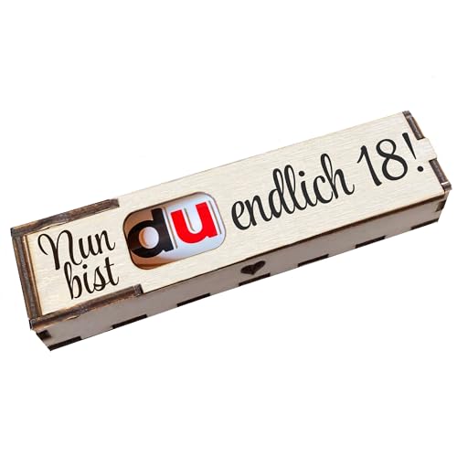 Duplo Holzbox mit Schokoriegel Geschenkbox mit Spruch Gravur Schokolade Mitbringsel Geschenkidee Nun bist Du endlich 18 von Girahlutions