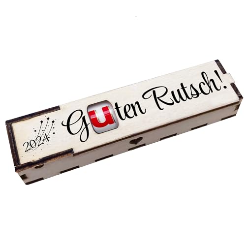 Guten Rutsch! - Holz Geschenkbox geschliffen mit Spruch Lasergravur inkl. Duplo Schokoriegel Schokolade Geschenkidee Handarbeit von Girahlutions