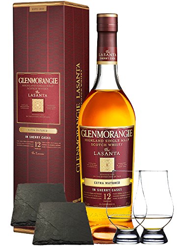 Glenmorangie Lasanta 14 Jahre Sherry Cask Finish 0,7 Liter + 2 Glencairn Gläser + 2 Schieferuntersetzer quadratisch 9,5 cm von Glenmorangie