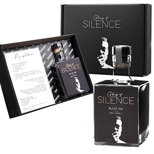 Geschenkset Glory of Silence Black Gin | Schwarzer Gin (0,5 l) edel verpackt in der Geschenkbox mit Rezeptkarte von Glory of Silence Gin