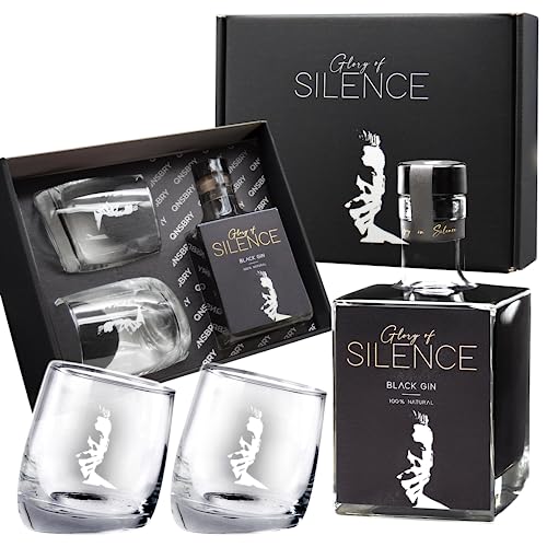 Glory of Silence Geschenkset: Black Gin 0,5 l & 2x Gläser in schwarzer Geschenkbox | Geschenk mit fruchtigen Noten aus Holunderblüte und Brombeere von Glory of Silence Gin