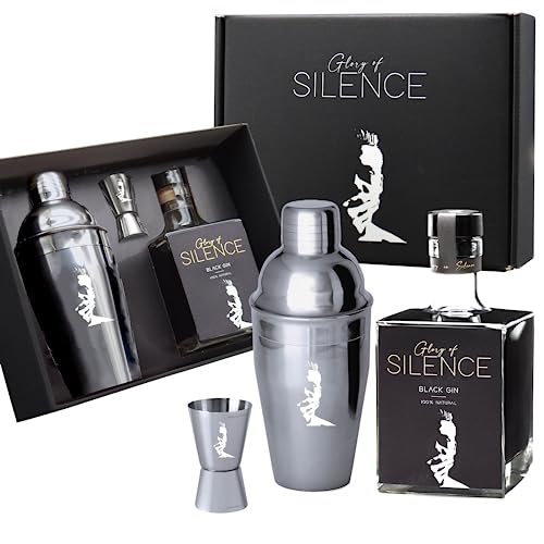 Glory of Silence Geschenkset: Black Gin 0,5 l & Cocktail Shaker Set in schwarzer Geschenkbox | Geschenk zu Weihnachten mit fruchtigen Noten aus Holunderblüte und Brombeere von Glory of Silence Gin