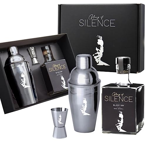 Glory of Silence Geschenkset: Black Gin 0,5 l & Cocktail Shaker Set in schwarzer Geschenkbox | Geschenk Box mit fruchtigen Noten aus Holunderblüte und Brombeere von Glory of Silence Gin
