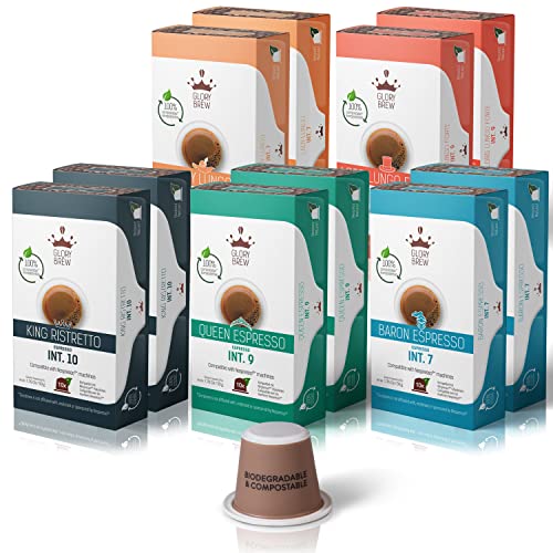 Glorybrew 100 kompostierbare Kaffeekapseln kompatibel mit Nespresso Original Line Maschinen - Probierbox 5 Sorten Espresso Lungo Ristretto I nachhaltige Kapseln von Glorybrew
