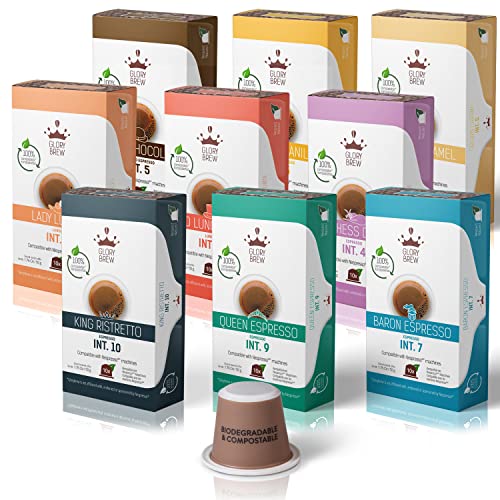 Glorybrew - 90 kompostierbare Kaffeekapseln Nespresso kompatibel - Probierbox 9 Sorten Espresso Lungo Ristretto von Glorybrew