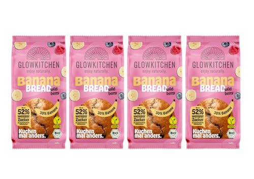 Glowkitchen Bananenbrot - Veganer Kuchen - Gesunder Snack - Bio - Mit Dinkelvollkornmehl & 30% Banane - Weniger Zucker - Lange Haltbarkeit - fertig gebacken - 4er Bundle (wild berry) von GLOWKITCHEN