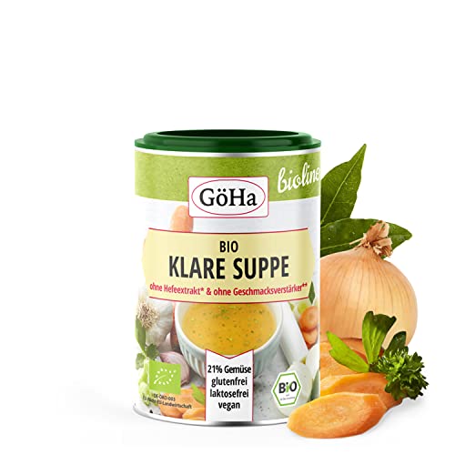 GöHa Bio Klare Suppe / BIO-Suppe mit 21% Gemüse / Bio Gemüsebrühe ohne Glutamat und Hefeextrakt / Bio Suppe ohne Palmöl / Vegane Bio-Brühe ohne Aromen und ohne Geschmacksverstärker (1x 198g) von GöHa