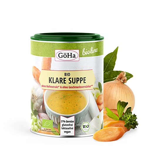 GöHa Bio Klare Suppe / BIO-Suppe mit 21% Gemüse / Bio Gemüsebrühe ohne Glutamat und Hefeextrakt / Bio Suppe ohne Palmöl / Vegane Bio-Brühe ohne Aromen und ohne Geschmacksverstärker (1x 504g) von GöHa