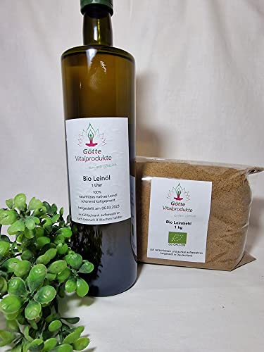 Set: Leinöl 1l, naturtrüb, kaltgepresst + Leinmehl 1kg, teilentölt aus Bio Leinsamen Set: Leinöl 1l, naturtrüb, kaltgepresst + Leinmehl 1kg, teilentölt aus Bio Leinsamen von Götte Vitalprodukte