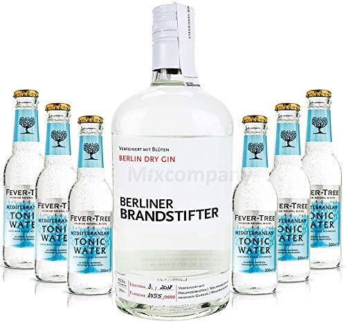 Brandstifter Berlin Dry Gin 0,7l (43,3% Vol) + 6x Fever-Tree Mediterranean Tonic Water 0,2 MEHRWEG Bar Longdrink Cocktail Sammlung Gin Tonic inkl. PFAND- [Enthält Sulfite] von Goldberg-Goldberg