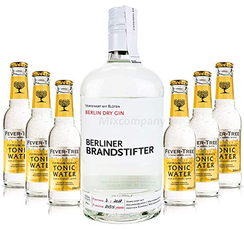 Brandstifter Berlin Dry Gin 0,7l (43,3% Vol) + 6x Fever-Tree Premium Indian Tonic Water 0,2l MEHRWEG Bar Longdrink Cocktail Sammlung Gin Tonic inkl. PFAND- [Enthält Sulfite] von Goldberg-Goldberg