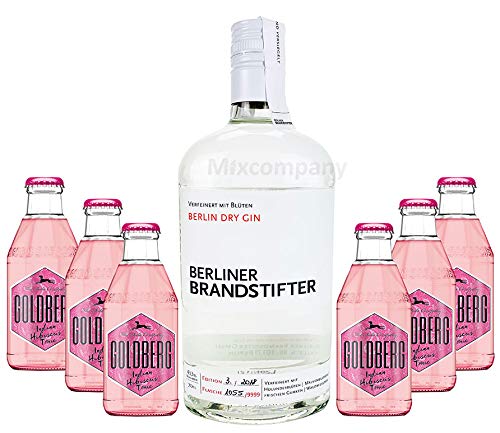 Brandstifter Berlin Dry Gin 0,7l (43,3% Vol) + 6x Goldberg Indian Hibiscus Tonic 0,2L MEHRWEG Bar Longdrink Cocktail Sammlung Gin Tonic inkl. PFAND- [Enthält Sulfite] von Goldberg-Goldberg