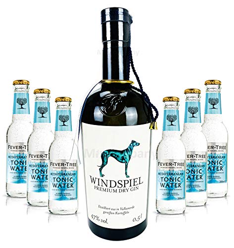 Windspiel Premium Dry Gin 0,5l (47% Vol) + 6x Fever-Tree Mediterranean Tonic Water 0,2 MEHRWEG Bar Longdrink Cocktail Sammlung Gin Tonic inkl. PFAND- [Enthält Sulfite] von Goldberg-Goldberg