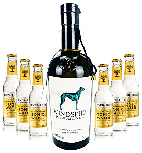 Windspiel Premium Dry Gin 0,5l (47% Vol) + 6x Fever-Tree Premium Indian Tonic Water 0,2l MEHRWEG Bar Longdrink Cocktail Sammlung Gin Tonic inkl. PFAND- [Enthält Sulfite] von Goldberg-Goldberg