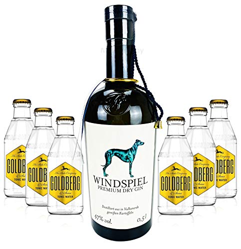 Windspiel Premium Dry Gin 0,5l (47% Vol) + 6x Goldberg Tonic Water 0,2l MEHRWEG Bar Longdrink Cocktail Sammlung Gin Tonic inkl. PFAND- [Enthält Sulfite] von Goldberg-Goldberg