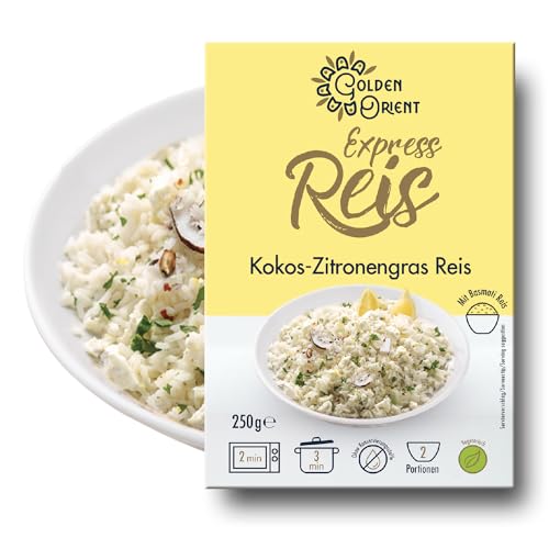 Golden Orient Kokos Zitronengras Reis, 12 Packungen asiatische Fertiggerichte (12 x 250g) Mikrowelle/Pfanne schnell & einfach Vegetarisch Halal von Golden Orient