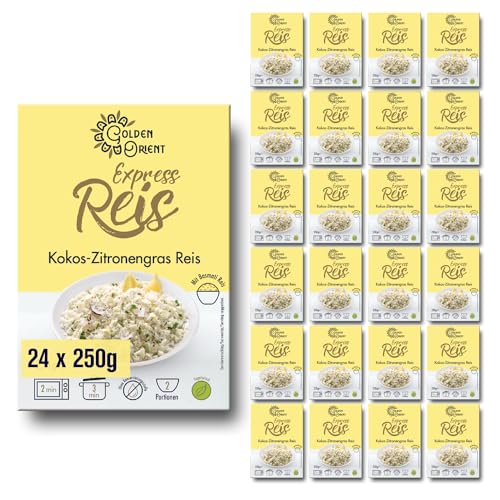 Golden Orient Kokos Zitronengras Reis, 24 Packungen asiatische Fertiggerichte (24 x 250g) Mikrowelle/Pfanne schnell & einfach Vegetarisch Halal von Golden Orient