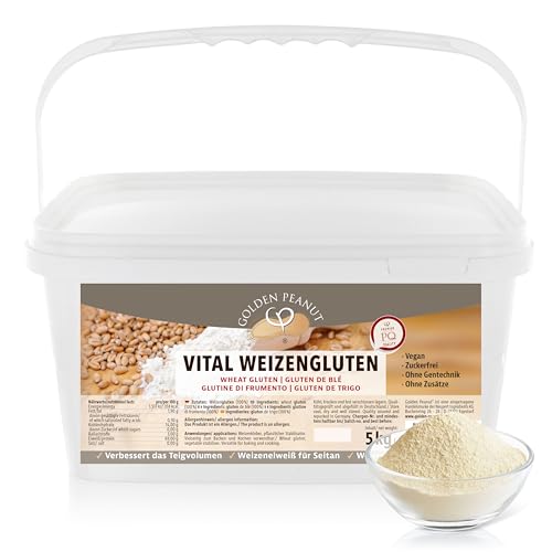 GOLDEN PEANUT Vital Weizengluten 5 kg - natürliches Verdickungsmittel rein pflanzlich, Weizeneiweiß, Seitan, kalorienarme Speisestärke, Backen, Kochen von GOLDEN PEANUT