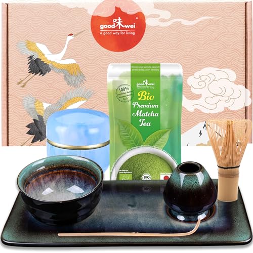 Goodwei Matcha Teeset - 7-tlg. Deluxe Matcha-Set für japanische Teezeremonie komplett mit Teetablett und Teedose (Grün) von Goodwei