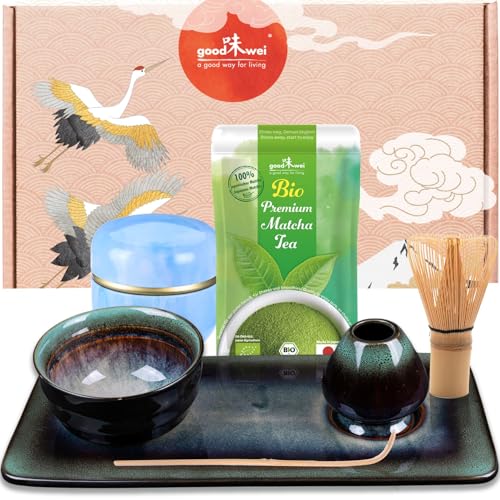 Goodwei Matcha Teeset - 7-tlg. Deluxe Matcha-Set für japanische Teezeremonie komplett mit Teetablett und Teedose (Grün) von Goodwei