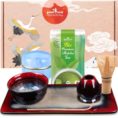 Goodwei Matcha Teeset - 7-tlg. Deluxe Matcha-Set für japanische Teezeremonie komplett mit Teetablett und Teedose (Rot) von Goodwei
