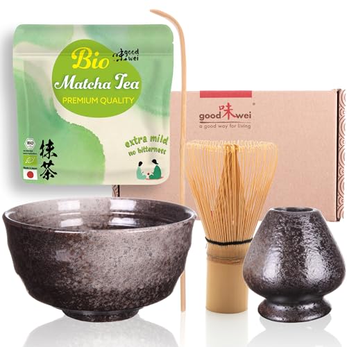 Goodwei Matcha Set mit Matcha Besen, Matcha Schale, Besenhalter aus Keramik und BIO Matcha Tee aus Japan | Geschenkset (Goma) von Goodwei