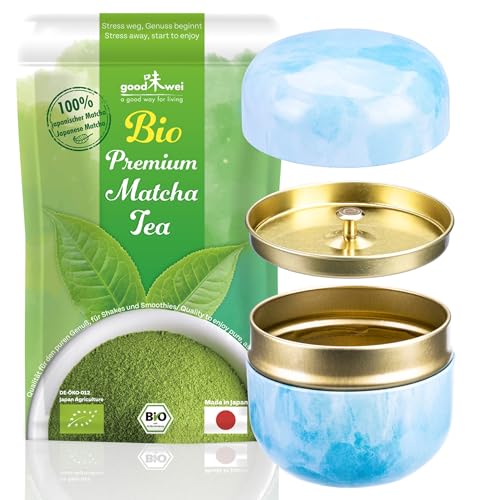 Matcha Pulver Tee Bio - 100g Japanischer Premium Matcha mit traditioneller Teedose Chazutsu von Goodwei