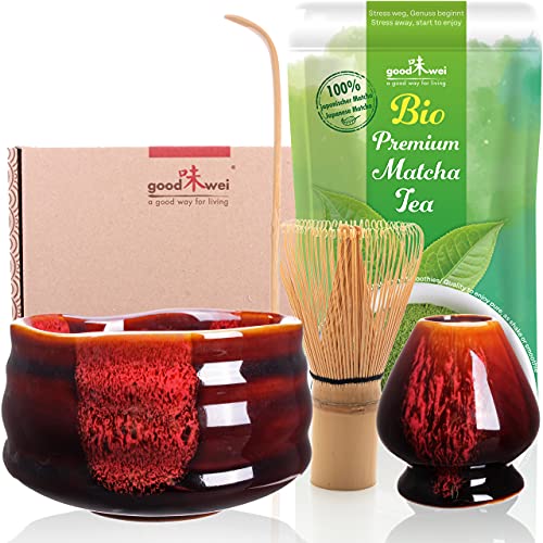 Teezeremonie-Set mit hochwertiger Matcha-Schale und echtem Bio Matcha aus Japan (Akai) von Goodwei