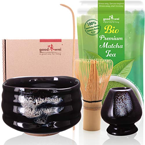 Teezeremonie-Set mit hochwertiger Matcha-Schale und echtem Bio Matcha aus Japan (Burashi) von Goodwei