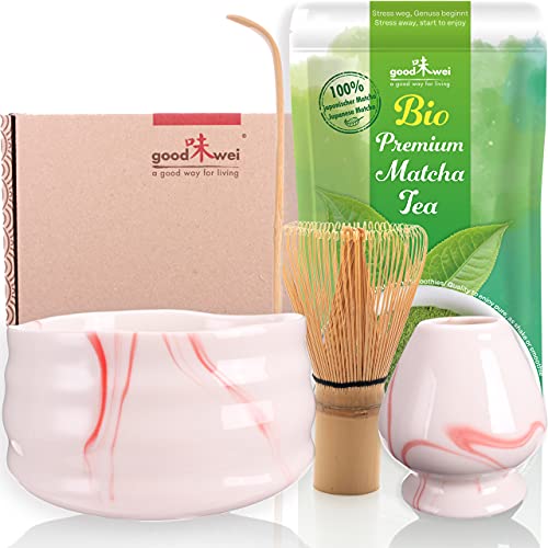Teezeremonie-Set mit hochwertiger Matcha-Schale und echtem Bio Matcha aus Japan (Pink Marmor) von Goodwei