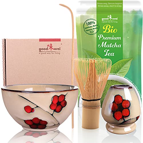 Teezeremonie-Set mit hochwertiger Matcha-Schale und echtem Bio Matcha aus Japan (Plum) von Goodwei