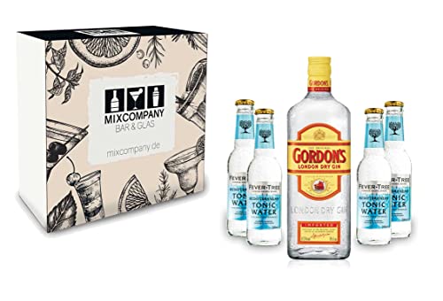 Gin Tonic Giftbox Geschenkset - Gordons Gin 0,7l 700ml (37,5% Vol) + 4x Fever Tree Mediterranean Tonic Water 200ml inkl. Pfand MEHRWEG + Geschenkverpackung von Gordons-Gordons