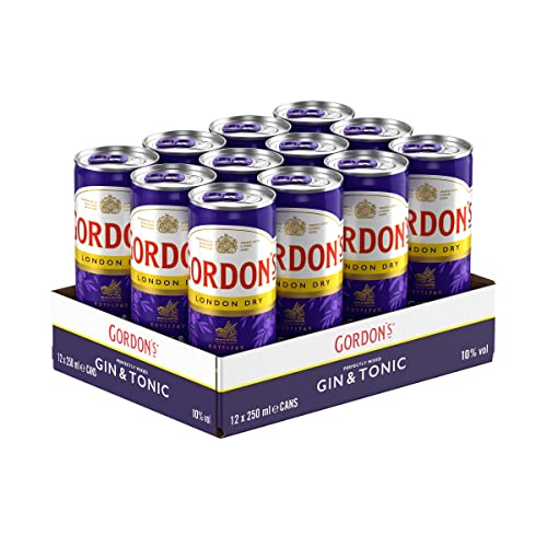 Gordon's London Dry Gin & Tonic Water | Mixgetränk mit klassischem Wachholder-Geschmack | Trinkfertige Dose für unterwegs & gesellige Events | 10% vol | 12 x 250 ml EINWEG Mehrverpackung | von Gordon's