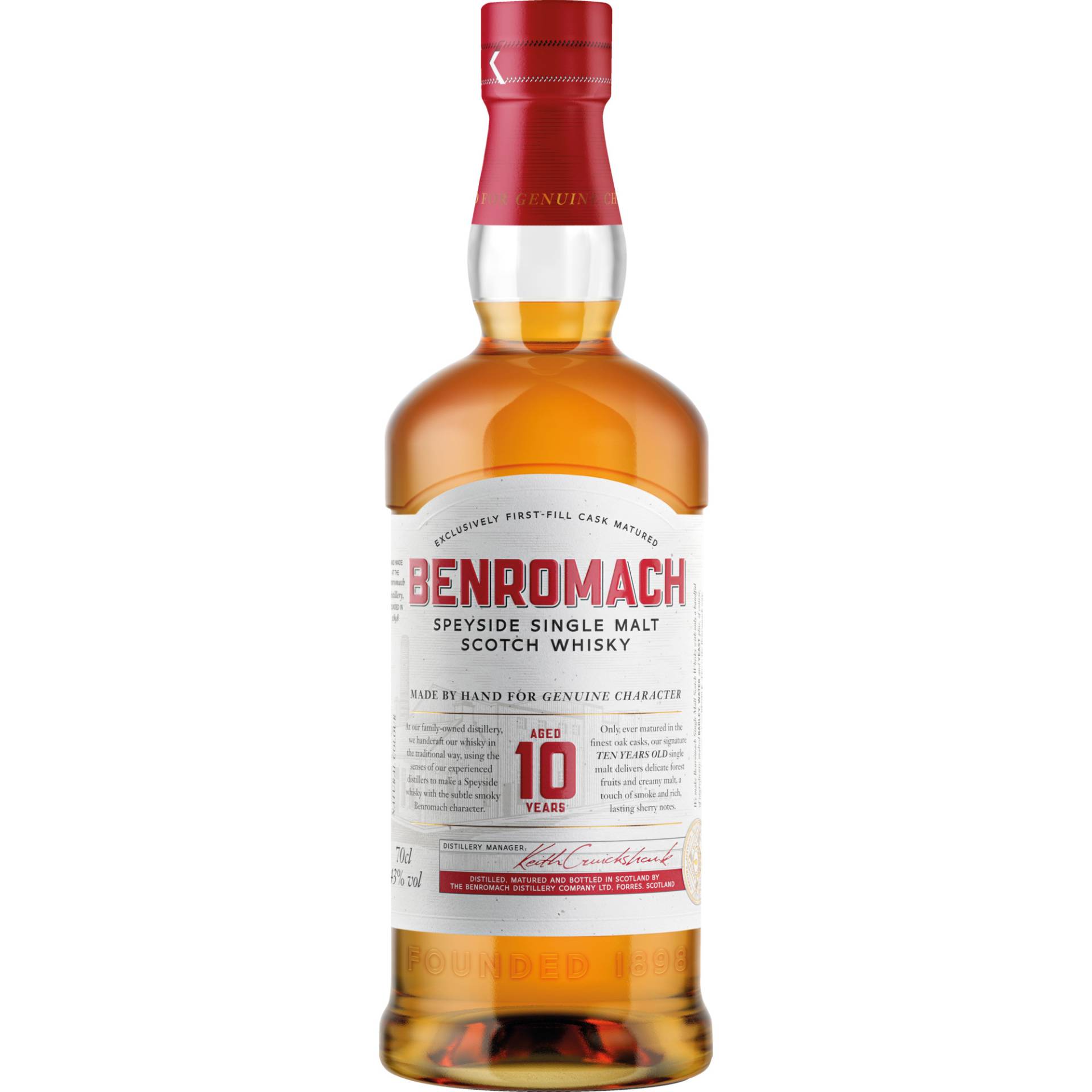 Benromach 10 Years Single Malt Scotch, Speyside, 0,7 L, 43 Vol., Schottland, Spirituosen von Gordon &  MacPhail Boroughbriggs Road IV301JY ELGIN, MORAY, SCOTLAND