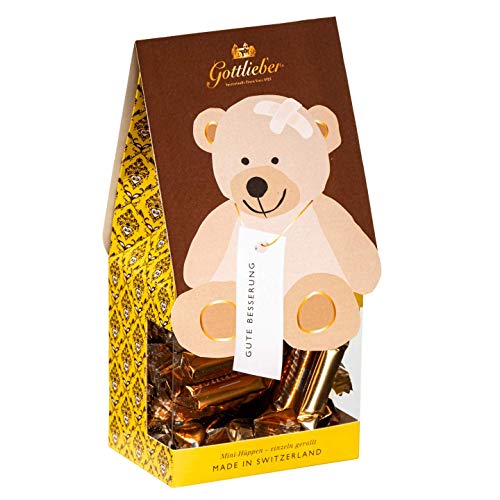 Gottlieber Mini-Hüppen «Classic» mit Teddybär-Motiv: «Gute Besserung» (Waffelröllchen mit Cremefüllung Vanille, Caramel, Mandel) 150g (31010234) von Gottlieber Spezialitäten AG