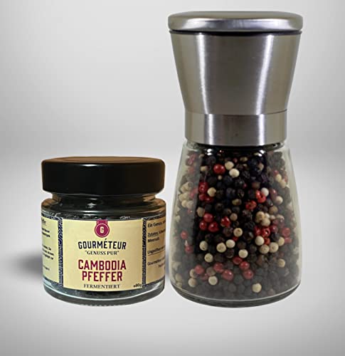 Gourmeteur® Pfefferset, Fermentierter Pfeffer 80g inkl. Pfeffermühle mit 100g u.a. 5 der besten Pfeffersorten in der Mühle. Mit das Beste, was die Pfefferwelt zu bieten hat, ideal auch als Geschenk! von Gourmeteur